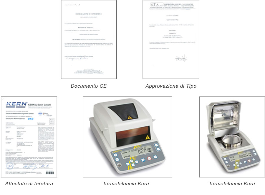 Documenti di certificazione Revertum: dichiarazione CE, approvazione di tipo, attestato di taratura DAkkS, termobilancia Kern