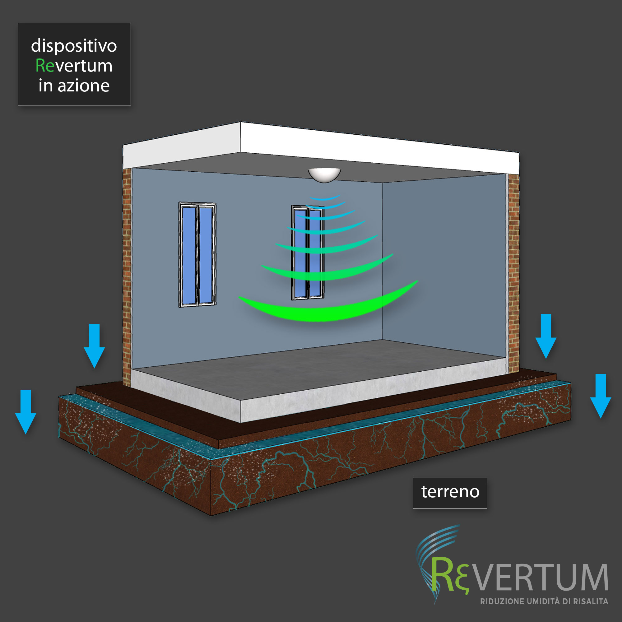 Schema del dispositivo Revertum in azione: le onde del dispositivo spingono l'acqua verso il terreno